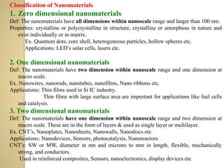 Classification of Nanomaterials
1. Zero dimensional nanomaterials
Def: The nanomaterials have all dimensions within nanoscale range and larger than 100 nm.
Properties: crystalline or polycrystalline in structure, crystalline or amorphous in nature and
exist individually or in matrix.
Ex. Quantum dots, core shell, heterogeneous particles, hollow spheres etc.
Applications: LED’s solar cells, lasers etc.
2. One dimensional nanomaterials
Def: The nanomaterials have two dimension within nanoscale range and one dimension at
macro scale.
Ex. Nanowires, nanorods, nanotubes, nanofilms, Nano ribbons etc.
Applications: Thin films used in Si IC industry.
Thin films with large surface area are important for applications like fuel cells
and catalysis.
3. Two dimensional nanomaterials
Def: The nanomaterials have one dimension within nanoscale range and two dimension at
macro scale. These are in the form of layers & used as single layer or multilayer.
Ex. CNT’s, Nanoplates, Nanosheets, Nanowalls, Nanodiscs etc.
Applications: Nanodevices, Sensors, photocatalysis, Nanoreactors
CNT’s: SW or MW, diameter in nm and microns to mm in length, flexible, mechanically
strong, and conductors.
Used in reinforced composites, Sensors, nanoelectronics, display devices etc.
 
