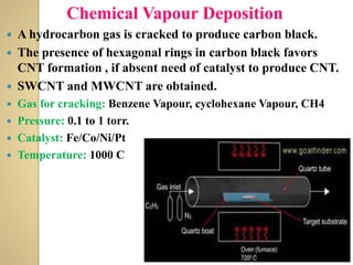 Chemical Vapour Deposition
 A hydrocarbon gas is cracked to produce carbon black.
 The presence of hexagonal rings in carbon black favors
CNT formation , if absent need of catalyst to produce CNT.
 SWCNT and MWCNT are obtained.
 Gas for cracking: Benzene Vapour, cyclohexane Vapour, CH4
 Pressure: 0.1 to 1 torr.
 Catalyst: Fe/Co/Ni/Pt
 Temperature: 1000 C
 