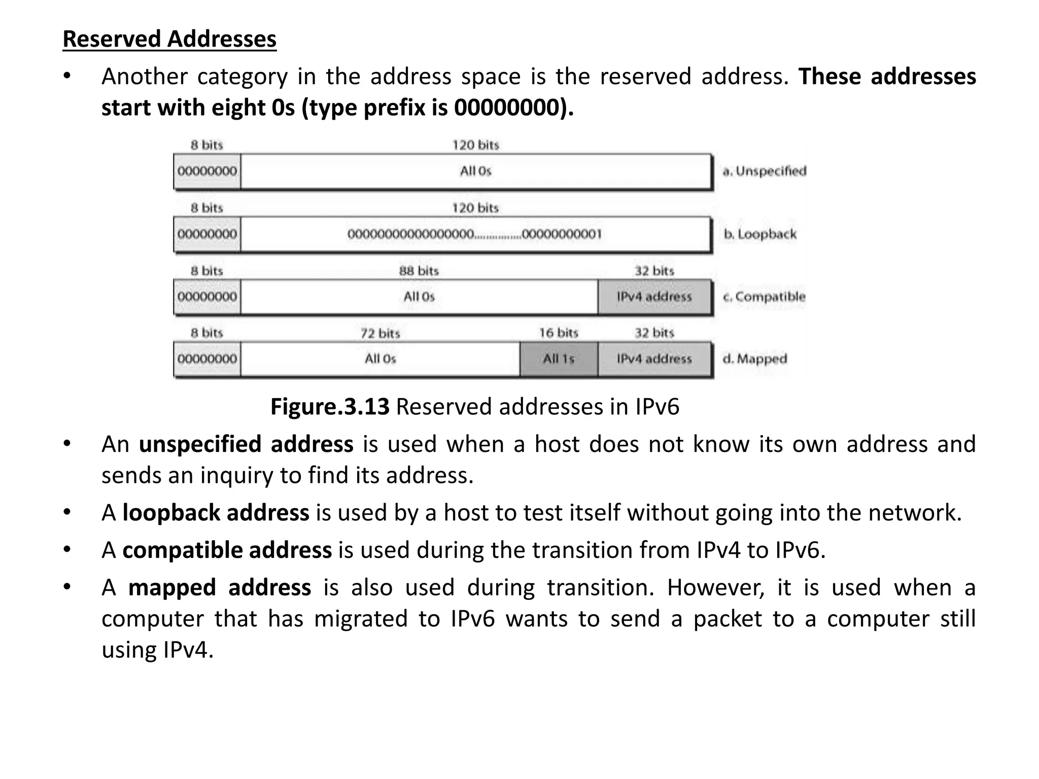Reserved Addresses
• Another category in the address space is the reserved address. These addresses
start with eight 0s (type prefix is 00000000).
Figure.3.13 Reserved addresses in IPv6
• An unspecified address is used when a host does not know its own address and
sends an inquiry to find its address.
• A loopback address is used by a host to test itself without going into the network.
• A compatible address is used during the transition from IPv4 to IPv6.
• A mapped address is also used during transition. However, it is used when a
computer that has migrated to IPv6 wants to send a packet to a computer still
using IPv4.
 