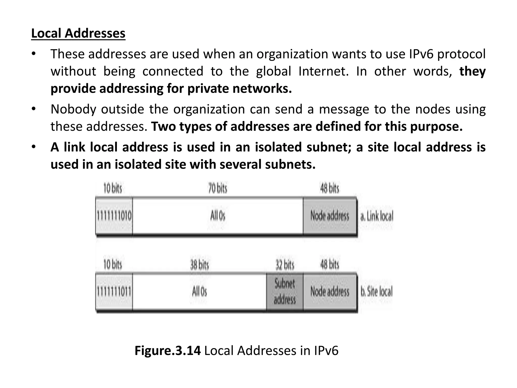 Local Addresses
• These addresses are used when an organization wants to use IPv6 protocol
without being connected to the global Internet. In other words, they
provide addressing for private networks.
• Nobody outside the organization can send a message to the nodes using
these addresses. Two types of addresses are defined for this purpose.
• A link local address is used in an isolated subnet; a site local address is
used in an isolated site with several subnets.
Figure.3.14 Local Addresses in IPv6
 