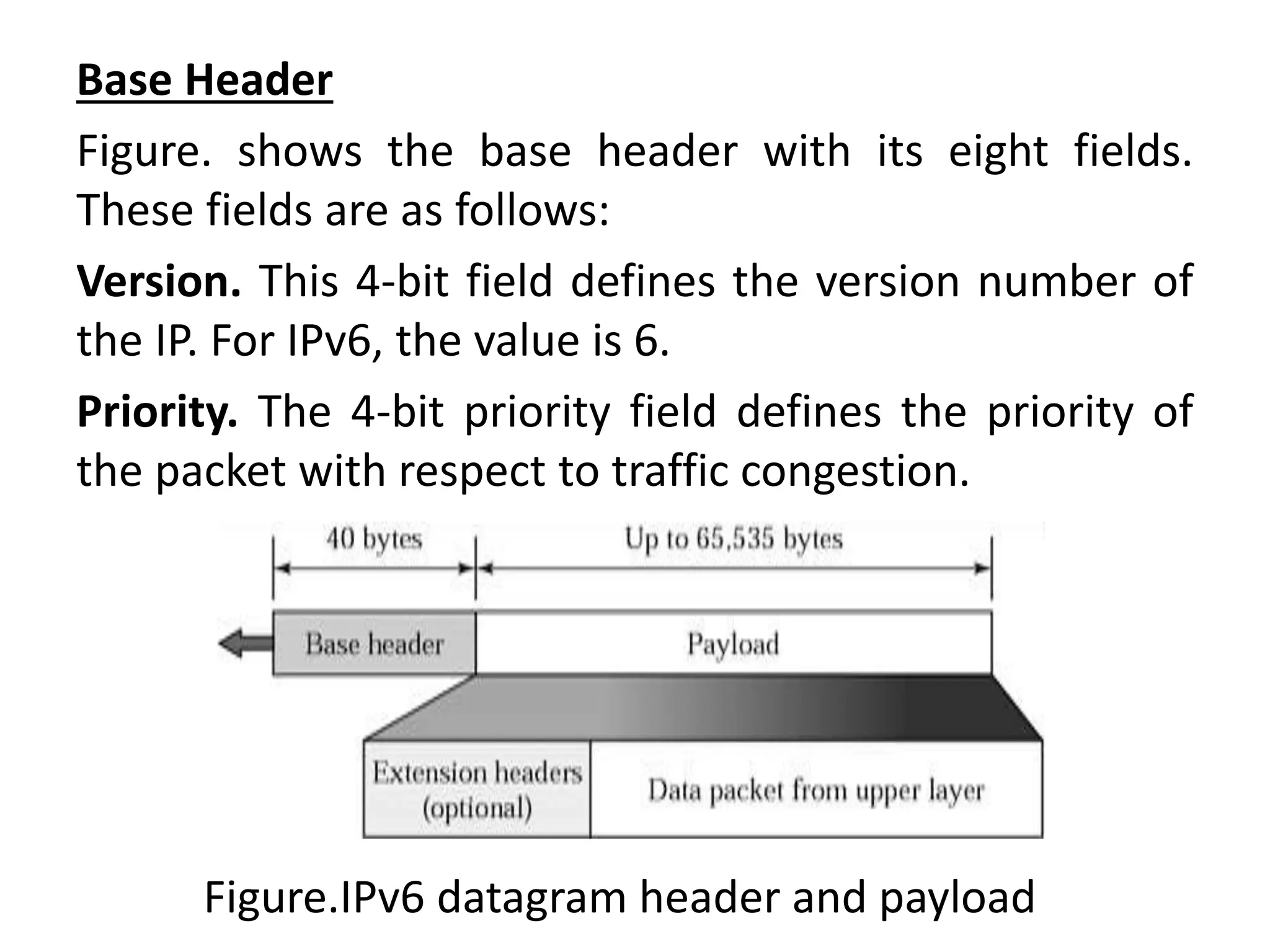Base Header
Figure. shows the base header with its eight fields.
These fields are as follows:
Version. This 4-bit field defines the version number of
the IP. For IPv6, the value is 6.
Priority. The 4-bit priority field defines the priority of
the packet with respect to traffic congestion.
Figure.IPv6 datagram header and payload
 
