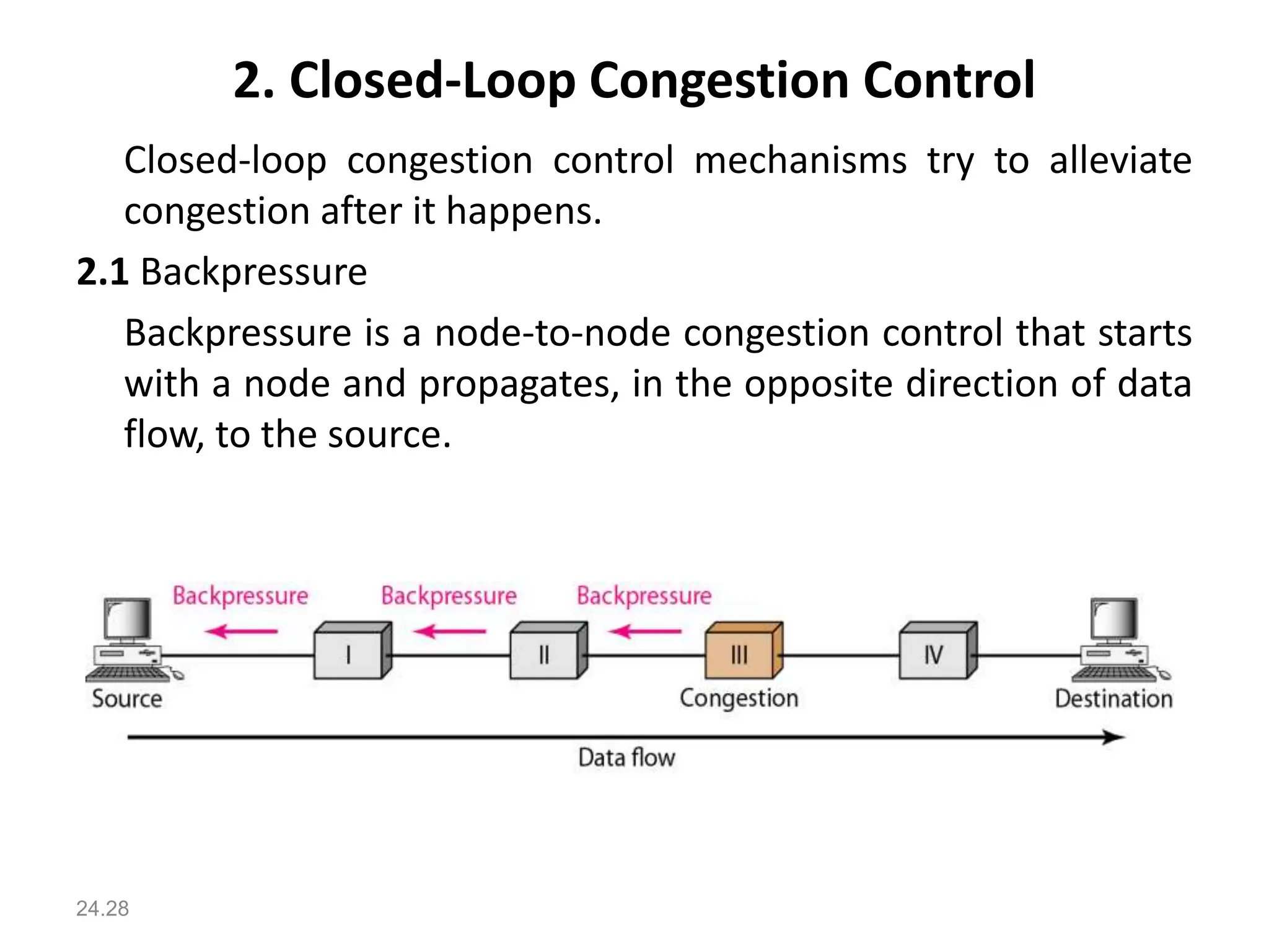 2. Closed-Loop Congestion Control
Closed-loop congestion control mechanisms try to alleviate
congestion after it happens.
2.1 Backpressure
Backpressure is a node-to-node congestion control that starts
with a node and propagates, in the opposite direction of data
flow, to the source.
24.28
 