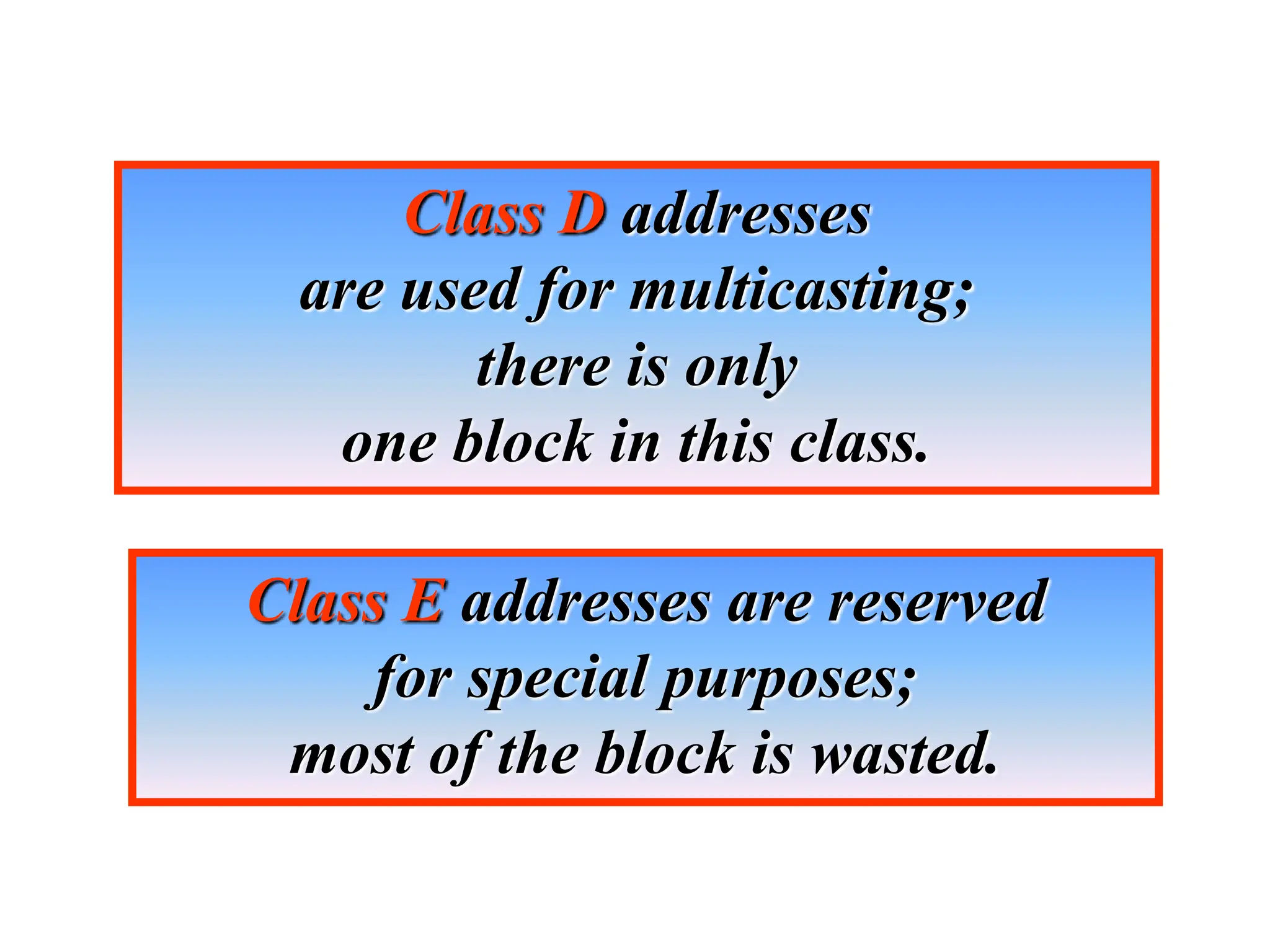 Class D addresses
are used for multicasting;
there is only
one block in this class.
Class E addresses are reserved
for special purposes;
most of the block is wasted.
 
