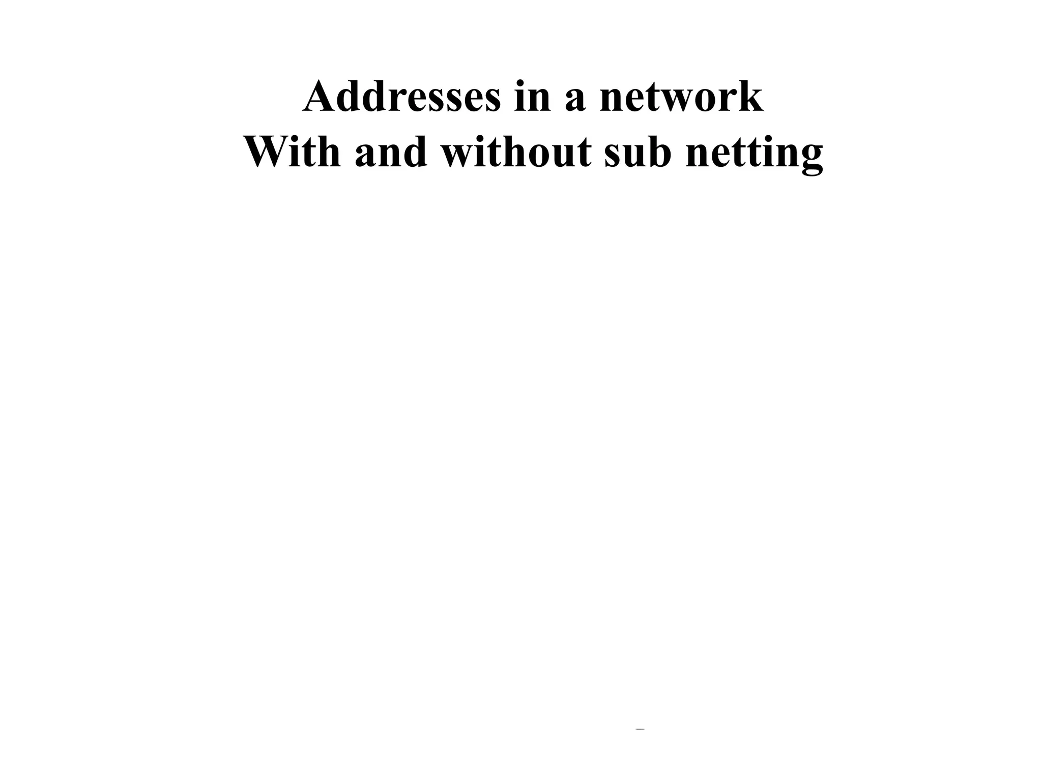 Addresses in a network
With and without sub netting
Just like telephone system
 