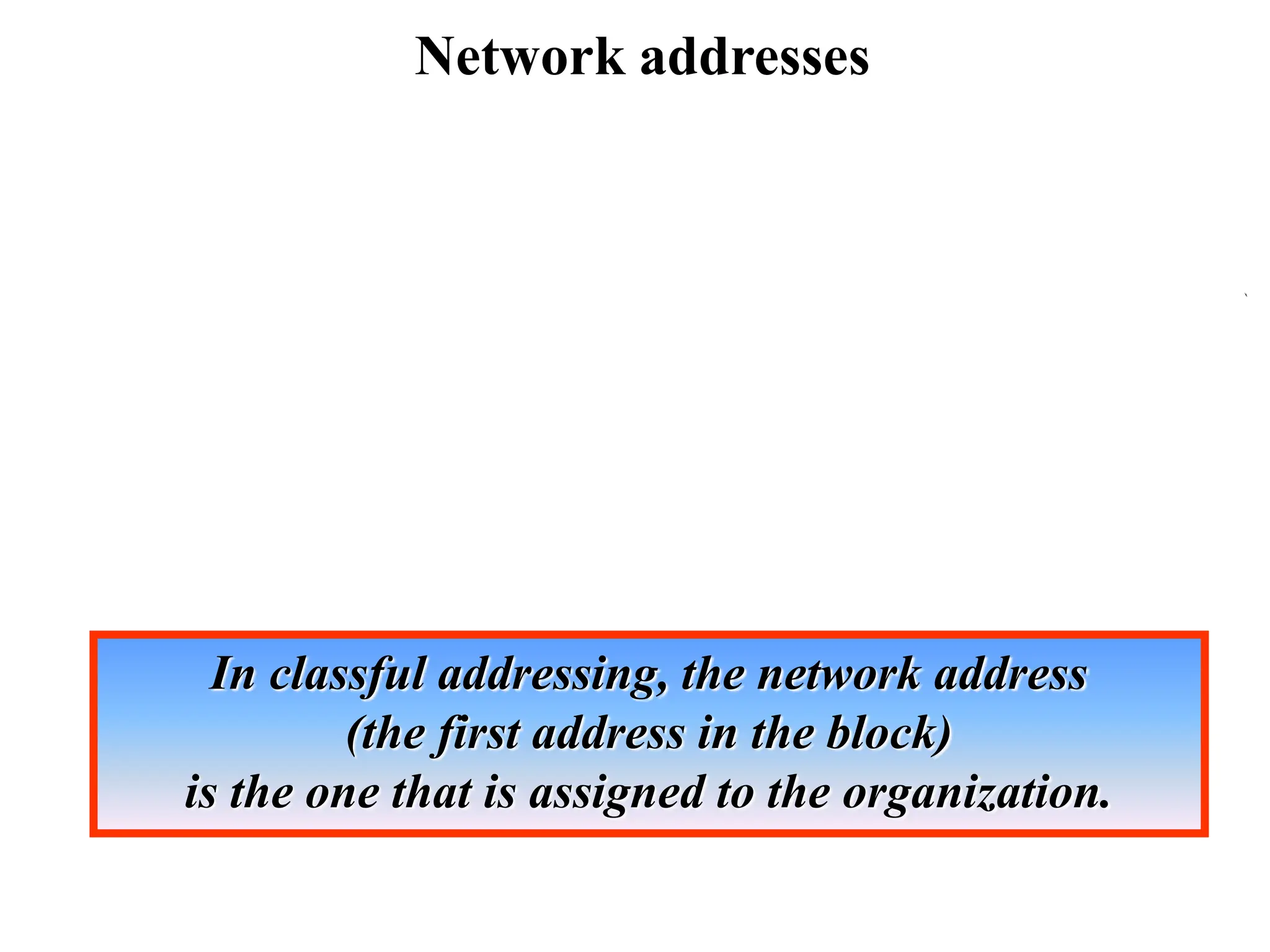 Network addresses
In classful addressing, the network address
(the first address in the block)
is the one that is assigned to the organization.
 