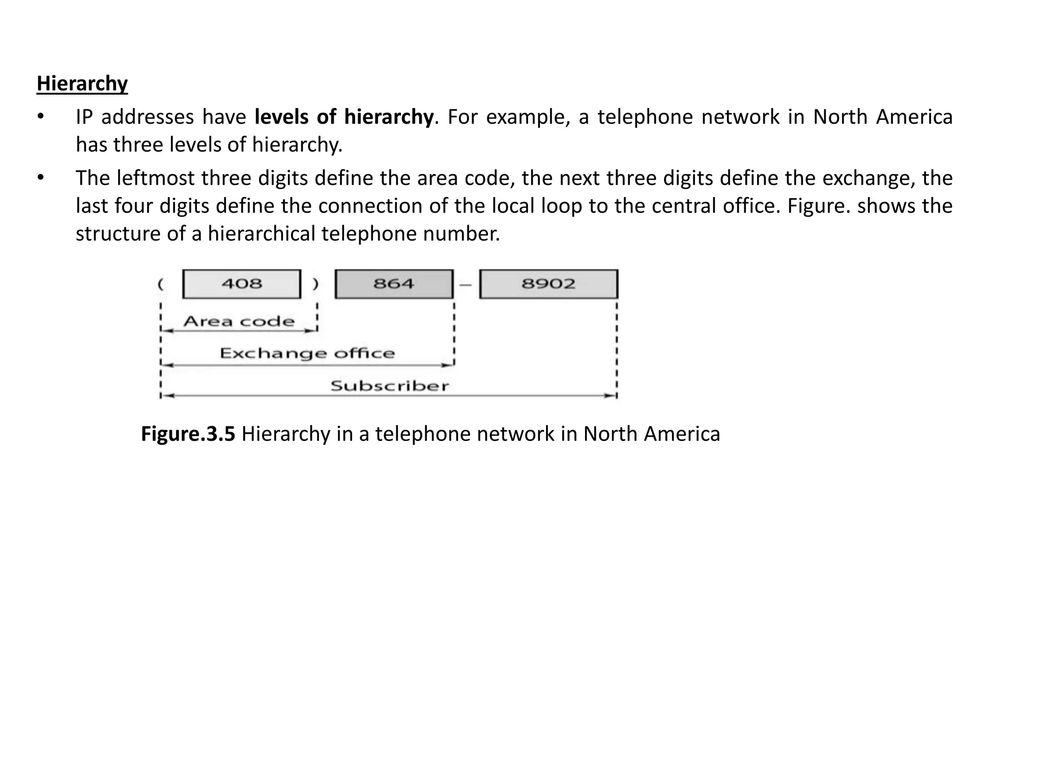 Hierarchy
• IP addresses have levels of hierarchy. For example, a telephone network in North America
has three levels of hierarchy.
• The leftmost three digits define the area code, the next three digits define the exchange, the
last four digits define the connection of the local loop to the central office. Figure. shows the
structure of a hierarchical telephone number.
Figure.3.5 Hierarchy in a telephone network in North America
 