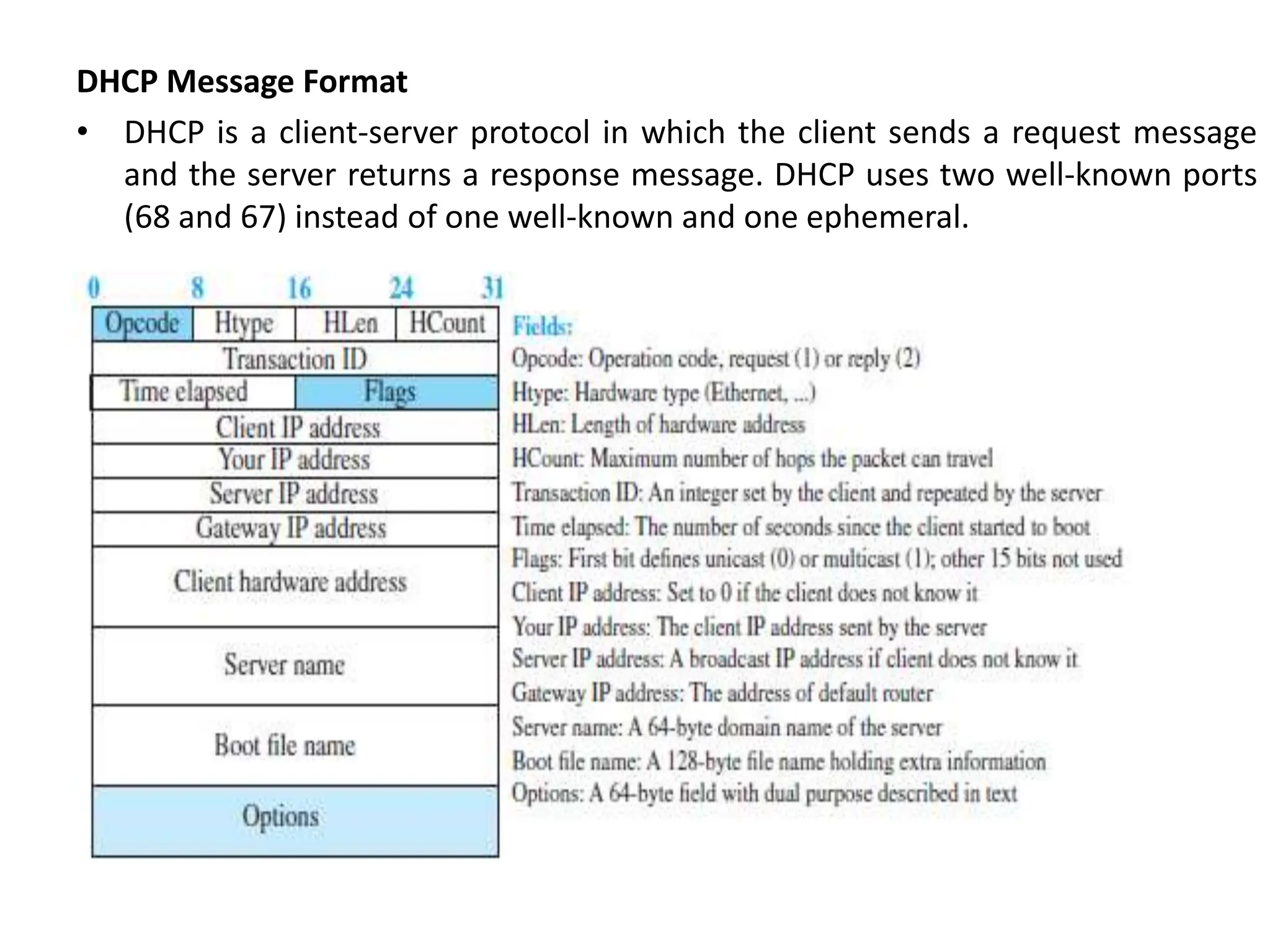 DHCP Message Format
• DHCP is a client-server protocol in which the client sends a request message
and the server returns a response message. DHCP uses two well-known ports
(68 and 67) instead of one well-known and one ephemeral.
 