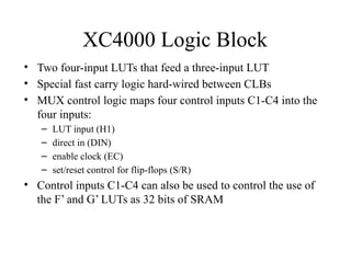 XC4000 Logic Block
• Two four-input LUTs that feed a three-input LUT
• Special fast carry logic hard-wired between CLBs
• MUX control logic maps four control inputs C1-C4 into the
four inputs:
– LUT input (H1)
– direct in (DIN)
– enable clock (EC)
– set/reset control for flip-flops (S/R)
• Control inputs C1-C4 can also be used to control the use of
the F’ and G’ LUTs as 32 bits of SRAM
 