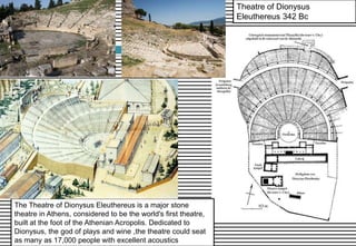 Theatre of Dionysus
Eleuthereus 342 Bc
The Theatre of Dionysus Eleuthereus is a major stone
theatre in Athens, considered to be the world's first theatre,
built at the foot of the Athenian Acropolis. Dedicated to
Dionysus, the god of plays and wine ,the theatre could seat
as many as 17,000 people with excellent acoustics
 