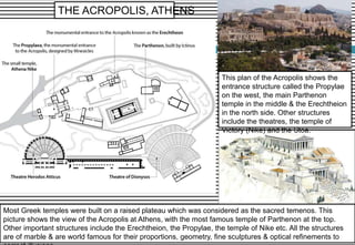 Most Greek temples were built on a raised plateau which was considered as the sacred temenos. This
picture shows the view of the Acropolis at Athens, with the most famous temple of Parthenon at the top.
Other important structures include the Erechtheion, the Propylae, the temple of Nike etc. All the structures
are of marble & are world famous for their proportions, geometry, fine sculptures & optical refinements to
This plan of the Acropolis shows the
entrance structure called the Propylae
on the west, the main Parthenon
temple in the middle & the Erechtheion
in the north side. Other structures
include the theatres, the temple of
Victory (Nike) and the Stoa.
THE ACROPOLIS, ATHENS
 
