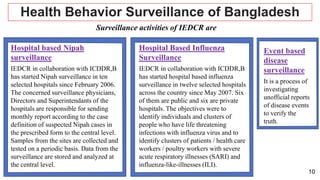 10
Health Behavior Surveillance of Bangladesh
Surveillance activities of IEDCR are
Hospital based Nipah
surveillance
IEDCR in collaboration with ICDDR,B
has started Nipah surveillance in ten
selected hospitals since February 2006.
The concerned surveillance physicians,
Directors and Superintendants of the
hospitals are responsible for sending
monthly report according to the case
definition of suspected Nipah cases in
the prescribed form to the central level.
Samples from the sites are collected and
tested on a periodic basis. Data from the
surveillance are stored and analyzed at
the central level.
Hospital Based Influenza
Surveillance
IEDCR in collaboration with ICDDR,B
has started hospital based influenza
surveillance in twelve selected hospitals
across the country since May 2007. Six
of them are public and six are private
hospitals. The objectives were to
identify individuals and clusters of
people who have life threatening
infections with influenza virus and to
identify clusters of patients / health care
workers / poultry workers with severe
acute respiratory illnesses (SARI) and
influenza-like-illnesses (ILI).
Event based
disease
surveillance
It is a process of
investigating
unofficial reports
of disease events
to verify the
truth.
 