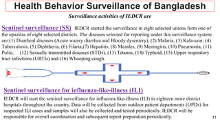 11
Surveillance activities of IEDCR are
Health Behavior Surveillance of Bangladesh
Sentinel surveillance (SS) IEDCR started the surveillance in eight selected unions form one of
the upazilas of eight selected districts. The diseases selected for reporting under this surveillance system
are:(1) Diarrheal diseases (Acute watery diarrhea and Bloody dysentery), (2) Malaria, (3) Kala-azar, (4)
Tuberculosis, (5) Diphtheria, (6) Filaria,(7) Hepatitis, (8) Measles, (9) Meningitis, (10) Pneumonia, (11)
Polio, (12) Sexually transmitted diseases (STDs), (13) Tetanus, (14) Typhoid, (15) Upper respiratory
tract infections (URTIs) and (16) Whooping cough.
Sentinel surveillance for influenza-like-illness (ILI)
IEDCR will start the sentinel surveillance for influenza-like-illness (ILI) in eighteen more district
hospitals throughout the country. Data will be collected from outdoor patient departments (OPDs) for
suspected ILI cases and samples will also be collected and tested periodically. IEDCR will be
responsible for overall coordination and subsequent report preparation periodically.
 