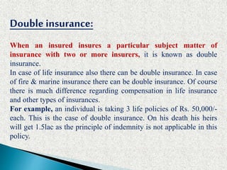 Double insurance:
When an insured insures a particular subject matter of
insurance with two or more insurers, it is known as double
insurance.
In case of life insurance also there can be double insurance. In case
of fire & marine insurance there can be double insurance. Of course
there is much difference regarding compensation in life insurance
and other types of insurances.
For example, an individual is taking 3 life policies of Rs. 50,000/-
each. This is the case of double insurance. On his death his heirs
will get 1.5lac as the principle of indemnity is not applicable in this
policy.
 