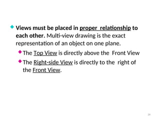  Views must be placed in proper relationship to
each other. Multi-view drawing is the exact
representation of an object on one plane.
The Top View is directly above the Front View
The Right-side View is directly to the right of
the Front View.
39
 