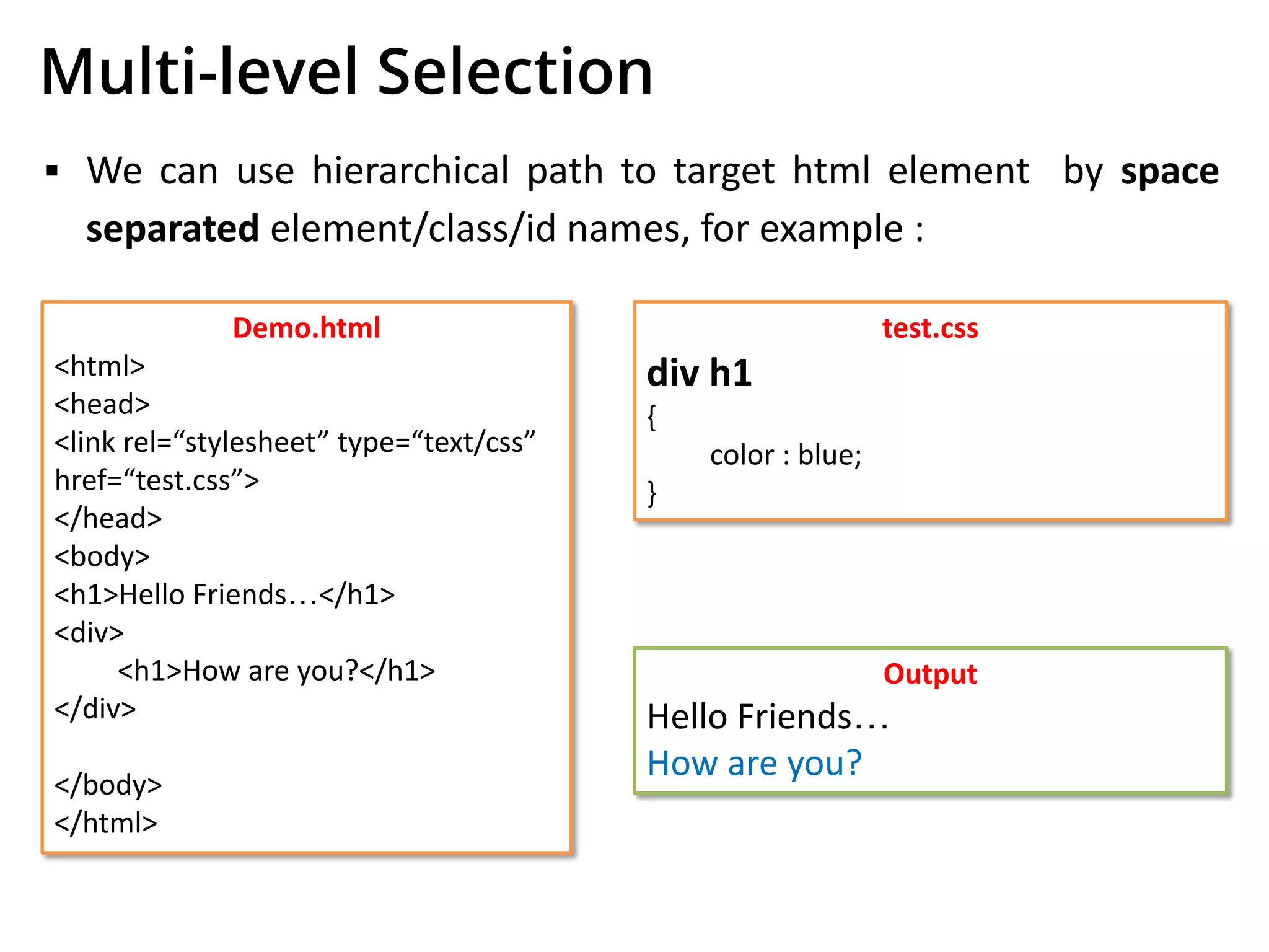Multi-level Selection
▪ We can use hierarchical path to target html element by space
separated element/class/id names, for example :
Demo.html
<html>
<head>
<link rel=“stylesheet” type=“text/css”
href=“test.css”>
</head>
<body>
<h1>Hello Friends…</h1>
<div>
<h1>How are you?</h1>
</div>
</body>
</html>
test.css
div h1
{
color : blue;
}
Output
Hello Friends…
How are you?
 