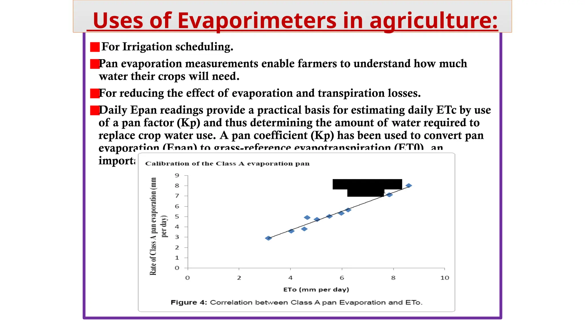 For Irrigation scheduling.
Pan evaporation measurements enable farmers to understand how much
water their crops will need.
For reducing the effect of evaporation and transpiration losses.
Daily Epan readings provide a practical basis for estimating daily ETc by use
of a pan factor (Kp) and thus determining the amount of water required to
replace crop water use. A pan coefficient (Kp) has been used to convert pan
evaporation (Epan) to grass-reference evapotranspiration (ET0), an
important component in water management of irrigated crops.
Uses of Evaporimeters in agriculture:
 