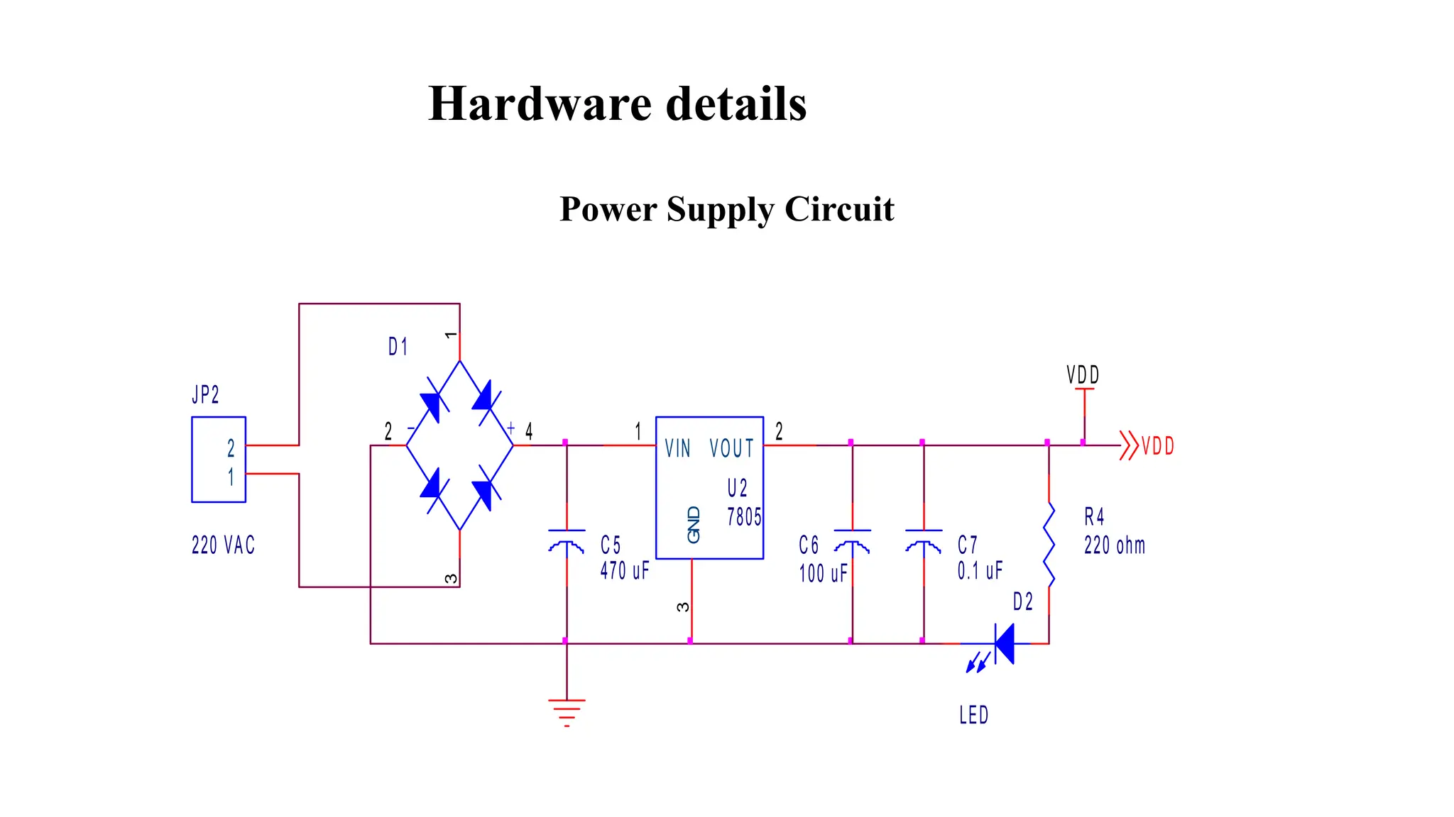 Power Supply Circuit
VDD
VDD
C7
0.1 uF
JP2
220 VAC
1
2
- +
D1
1
4
3
2
U2
7805
1
3
2
VIN
GND
VOUT
C6
100 uF
C5
470 uF
R4
220 ohm
D2
LED
Hardware details
 