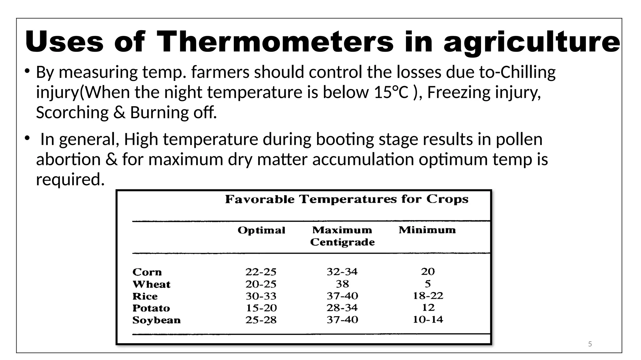 5
• By measuring temp. farmers should control the losses due to-Chilling
injury(When the night temperature is below 15°C ), Freezing injury,
Scorching & Burning off.
• In general, High temperature during booting stage results in pollen
abortion & for maximum dry matter accumulation optimum temp is
required.
Uses of Thermometers in agriculture
 