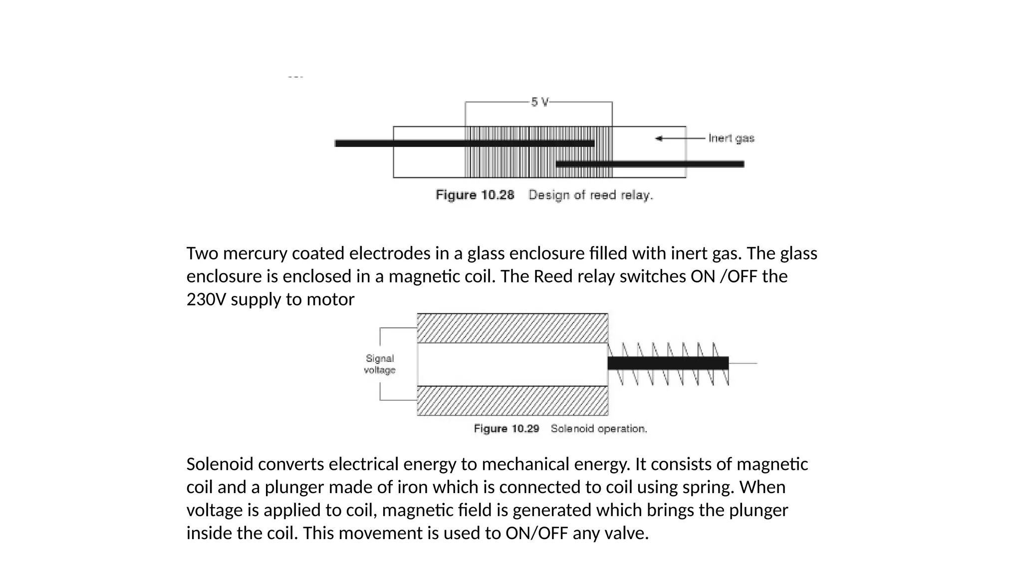 Two mercury coated electrodes in a glass enclosure filled with inert gas. The glass
enclosure is enclosed in a magnetic coil. The Reed relay switches ON /OFF the
230V supply to motor
Solenoid converts electrical energy to mechanical energy. It consists of magnetic
coil and a plunger made of iron which is connected to coil using spring. When
voltage is applied to coil, magnetic field is generated which brings the plunger
inside the coil. This movement is used to ON/OFF any valve.
 