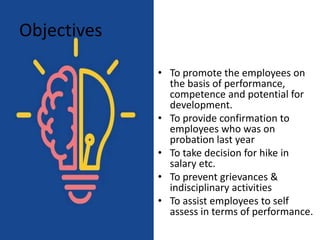 Objectives
• To promote the employees on
the basis of performance,
competence and potential for
development.
• To provide confirmation to
employees who was on
probation last year
• To take decision for hike in
salary etc.
• To prevent grievances &
indisciplinary activities
• To assist employees to self
assess in terms of performance.
 
