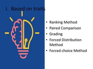 I. Based on traits
• Ranking Method
• Paired Comparison
• Grading
• Forced Distribution
Method
• Forced choice Method
 