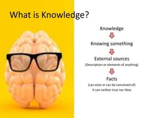 What is Knowledge?
Knowledge
Knowing something
External sources
(Description or elements of anything)
Facts
(can exist or can be conceived of)
It can neither true nor false
 