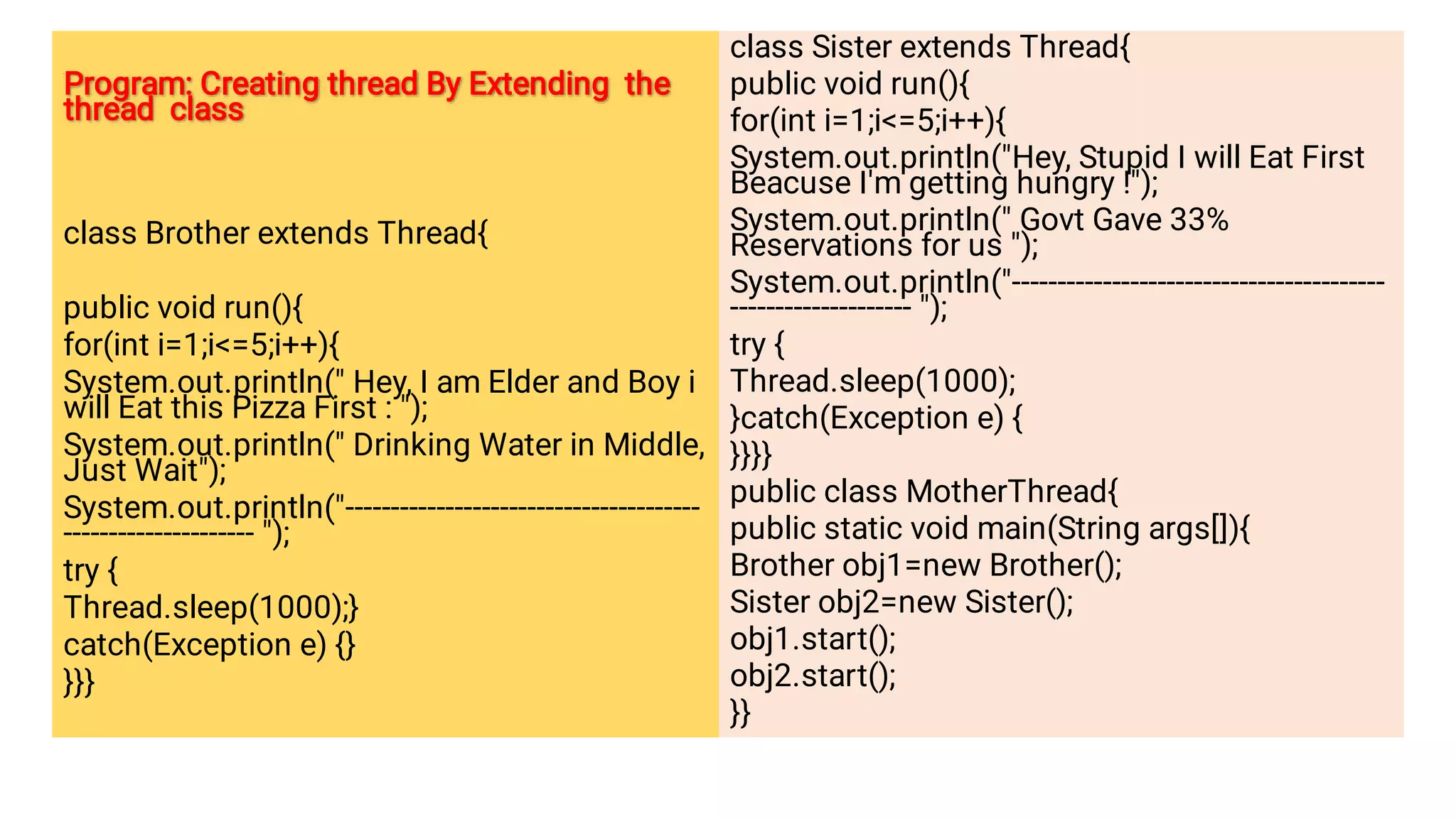 Program: Creating thread By Extending the
thread class
Program: Creating thread By Extending the
thread class
class Brother extends Thread{
public void run(){
for(int i=1;i=5;i++){
System.out.println( Hey, I am Elder and Boy i
will Eat this Pizza First : );
System.out.println( Drinking Water in Middle,
Just Wait);
System.out.println(---------------------------------------
--------------------- );
try {
Thread.sleep(1000);}
catch(Exception e) {}
}}}
class Sister extends Thread{
public void run(){
for(int i=1;i=5;i++){
System.out.println(Hey, Stupid I will Eat First
Beacuse I'm getting hungry !);
System.out.println( Govt Gave 33%
Reservations for us );
System.out.println(-----------------------------------------
-------------------- );
try {
Thread.sleep(1000);
}catch(Exception e) {
}}}}
public class MotherThread{
public static void main(String args[]){
Brother obj1=new Brother();
Sister obj2=new Sister();
obj1.start();
obj2.start();
}}
 