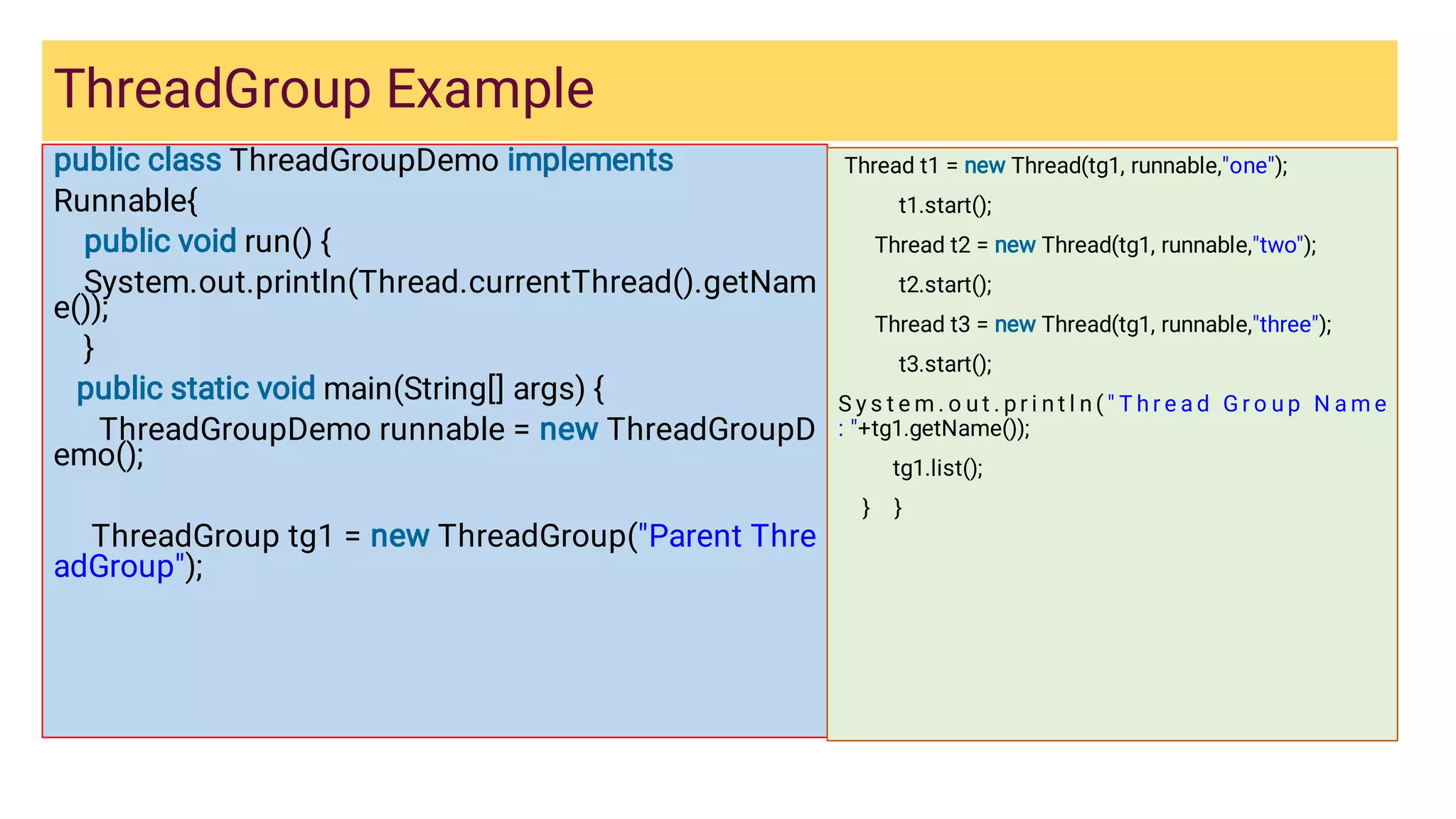 ThreadGroup Example
public class ThreadGroupDemo implements
Runnable{
public void run() {
System.out.println(Thread.currentThread().getNam
e());
}
public static void main(String[] args) {
ThreadGroupDemo runnable = new ThreadGroupD
emo();
ThreadGroup tg1 = new ThreadGroup(Parent Thre
adGroup);
Thread t1 = new Thread(tg1, runnable,one);
t1.start();
Thread t2 = new Thread(tg1, runnable,two);
t2.start();
Thread t3 = new Thread(tg1, runnable,three);
t3.start();
S y s t e m . o u t . pr i n t l n (  T h r e a d G r o u p N a m e
: +tg1.getName());
tg1.list();
} }
 