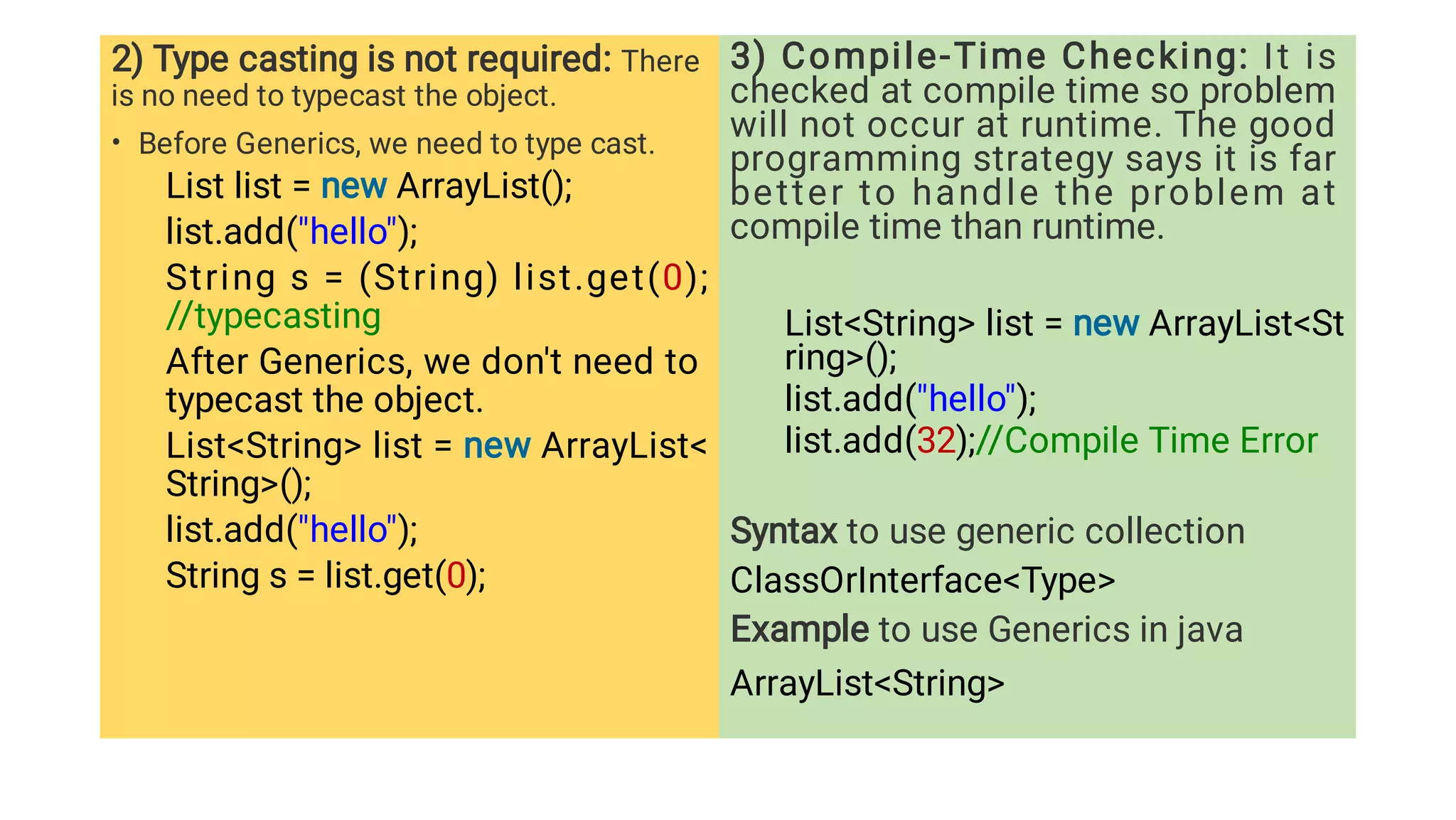 •
2) Type casting is not required: There
is no need to typecast the object.
Before Generics, we need to type cast.
List list = new ArrayList();
list.add(hello);
String s = (String) list.get(0);
//typecasting
After Generics, we don't need to
typecast the object.
ListString list = new ArrayList
String();
list.add(hello);
String s = list.get(0);
3) Compile-Time Checking: It is
checked at compile time so problem
will not occur at runtime. The good
programming strategy says it is far
better to handle the problem at
compile time than runtime.
ListString list = new ArrayListSt
ring();
list.add(hello);
list.add(32);//Compile Time Error
Syntax to use generic collection
ClassOrInterfaceType
Example to use Generics in java
ArrayListString
 