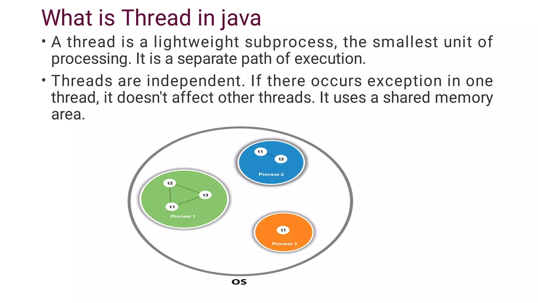 What is Thread in java
•
•
A thread is a lightweight subprocess, the smallest unit of
processing. It is a separate path of execution.
Threads are independent. If there occurs exception in one
thread, it doesn't affect other threads. It uses a shared memory
area.
 