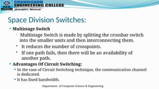 Department of Computer Science & Engineering
Space Division Switches:
 Multistage Switch
•
Multistage Switch is made by splitting the crossbar switch
into the smaller units and then interconnecting them.
• It reduces the number of crosspoints.
• If one path fails, then there will be an availability of
another path.
 Advantages Of Circuit Switching:
 In the case of Circuit Switching technique, the communication channel
is dedicated.
 It has fixed bandwidth.
 
