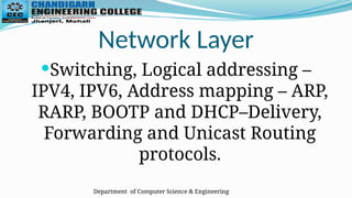 Department of Computer Science & Engineering
Network Layer
Switching, Logical addressing –
IPV4, IPV6, Address mapping – ARP,
RARP, BOOTP and DHCP–Delivery,
Forwarding and Unicast Routing
protocols.
 