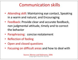 Communication skills
• Attending skill: Maintaining eye contact, Speaking
in a warm and natural, and Encouraging
• Feedback: Provide clear and accurate feedback,
non judgmental attitude, timely and to correct
the behavior
the behavior
• Paraphrasing: concise restatement
• Reflection of feeling
• Open and closed questions
• Focusing on difficult areas and how to deal with
Source: Werner and DeSimone, 2006
Copyright Kaushik Kundu
 