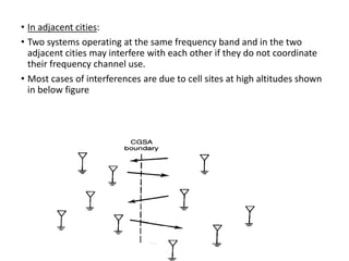 • In adjacent cities:
• Two systems operating at the same frequency band and in the two
adjacent cities may interfere with each other if they do not coordinate
their frequency channel use.
• Most cases of interferences are due to cell sites at high altitudes shown
in below figure
 