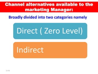 Channel alternatives available to the
marketing Manager:
Broadly divided into two categories namely
13-36
Direct ( Zero Level)
Indirect
 