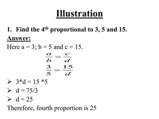 Illustration
1. Find the 4th proportional to 3, 5 and 15.
Answer:
Here a = 3; b = 5 and c = 15.
 3*d = 15 *5
 d = 75/3
 d = 25
Therefore, fourth proportion is 25
3 15
5
a c
b d
d


 