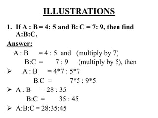 ILLUSTRATIONS
1. If A : B = 4: 5 and B: C = 7: 9, then find
A:B:C.
Answer:
A : B = 4 : 5 and (multiply by 7)
B:C = 7 : 9 (multiply by 5), then
 A : B = 4*7 : 5*7
B:C = 7*5 : 9*5
 A : B = 28 : 35
B:C = 35 : 45
 A:B:C = 28:35:45
 
