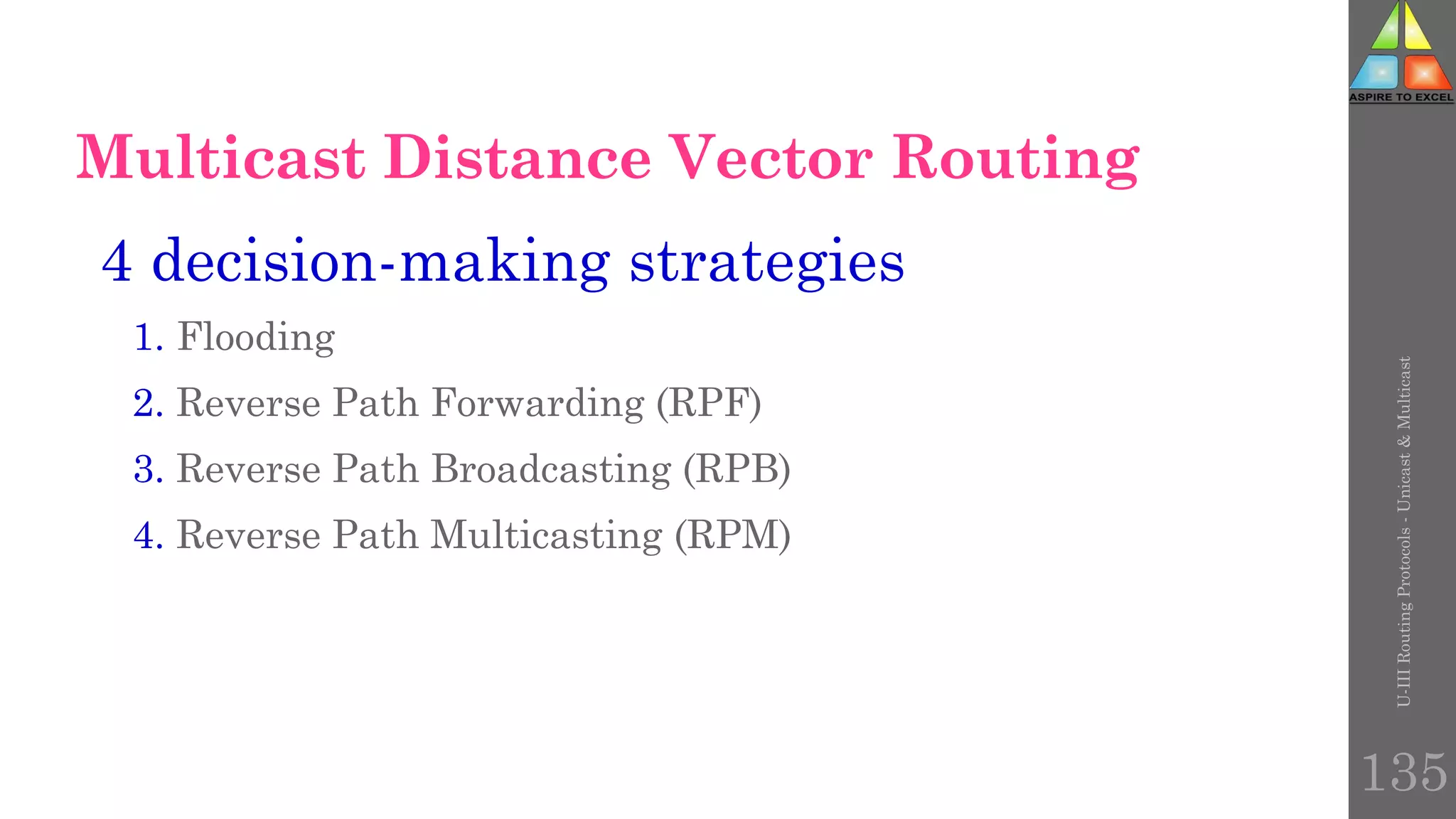 U-III
Routing
Protocols
-
Unicast
&
Multicast
135
Multicast Distance Vector Routing
4 decision-making strategies
1. Flooding
2. Reverse Path Forwarding (RPF)
3. Reverse Path Broadcasting (RPB)
4. Reverse Path Multicasting (RPM)
 