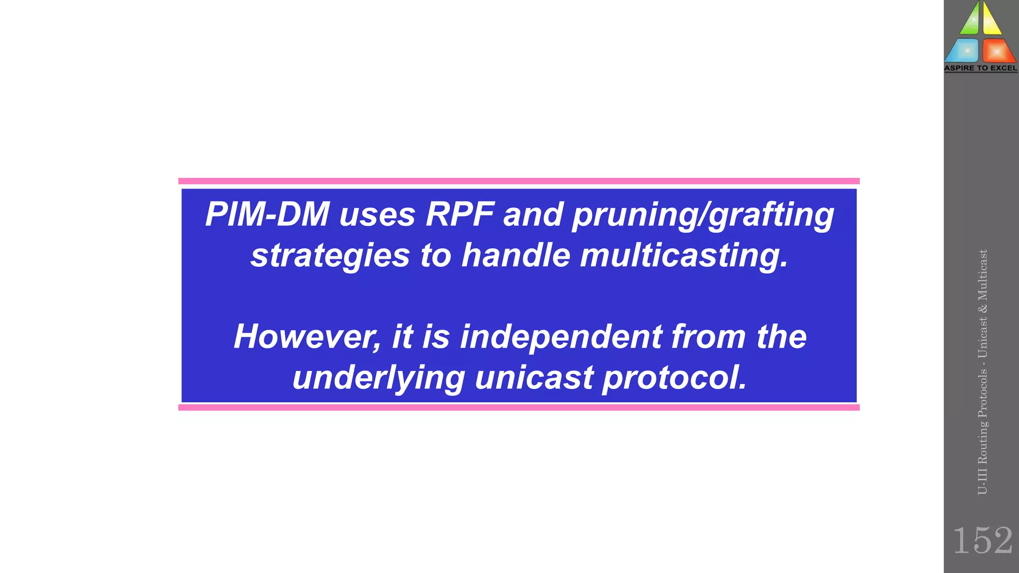 PIM-DM uses RPF and pruning/grafting
strategies to handle multicasting.
However, it is independent from the
underlying unicast protocol.
U-III
Routing
Protocols
-
Unicast
&
Multicast
152
 