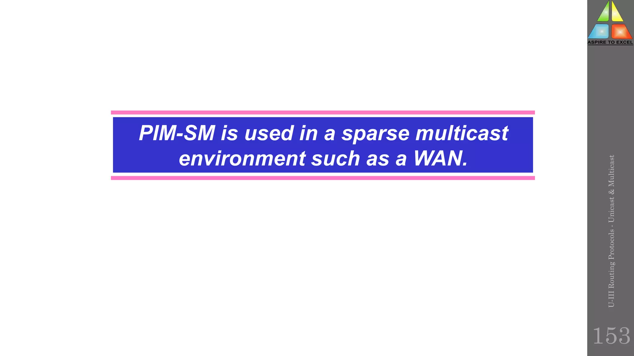 PIM-SM is used in a sparse multicast
environment such as a WAN.
U-III
Routing
Protocols
-
Unicast
&
Multicast
153
 