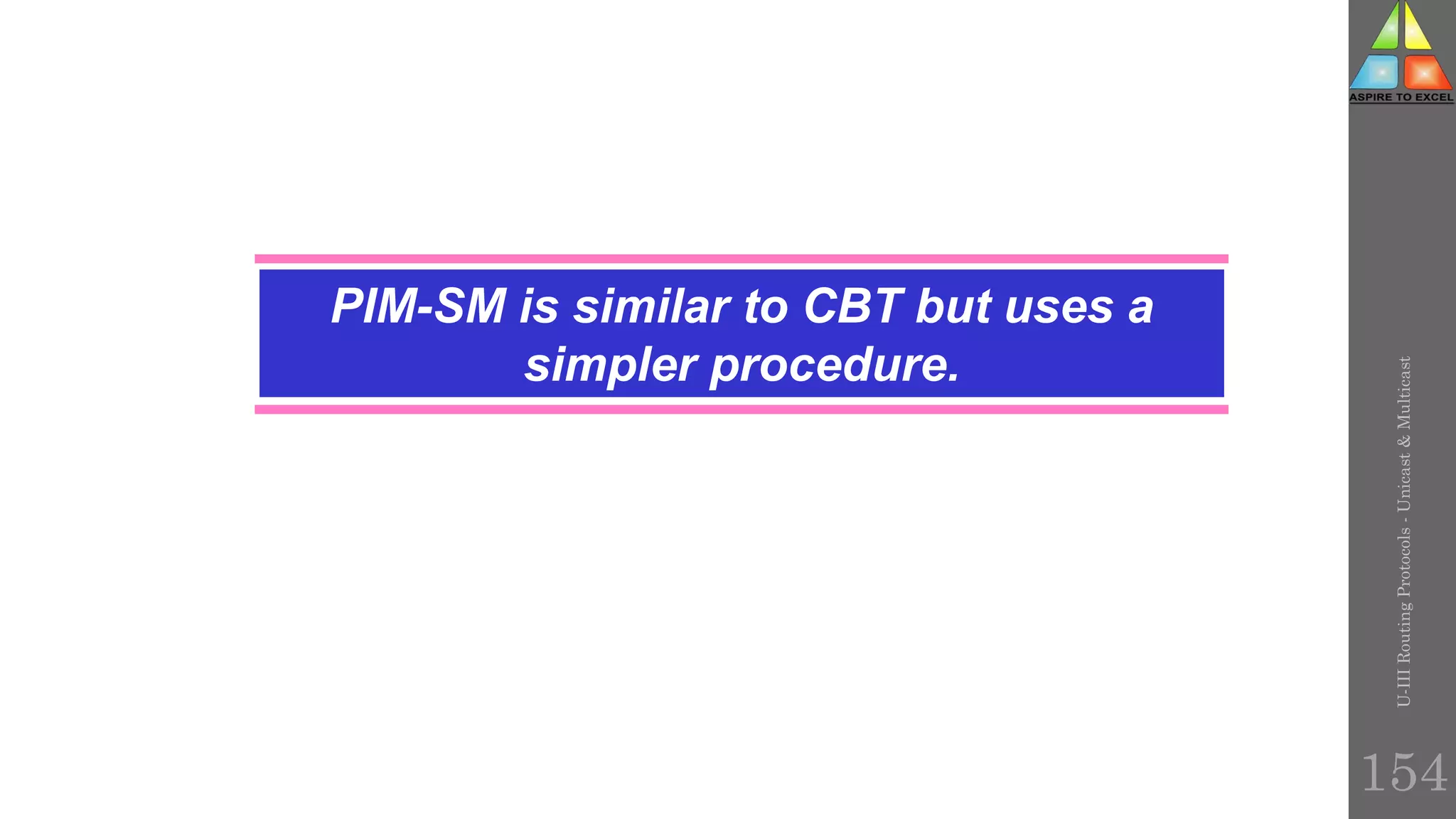 PIM-SM is similar to CBT but uses a
simpler procedure.
U-III
Routing
Protocols
-
Unicast
&
Multicast
154
 