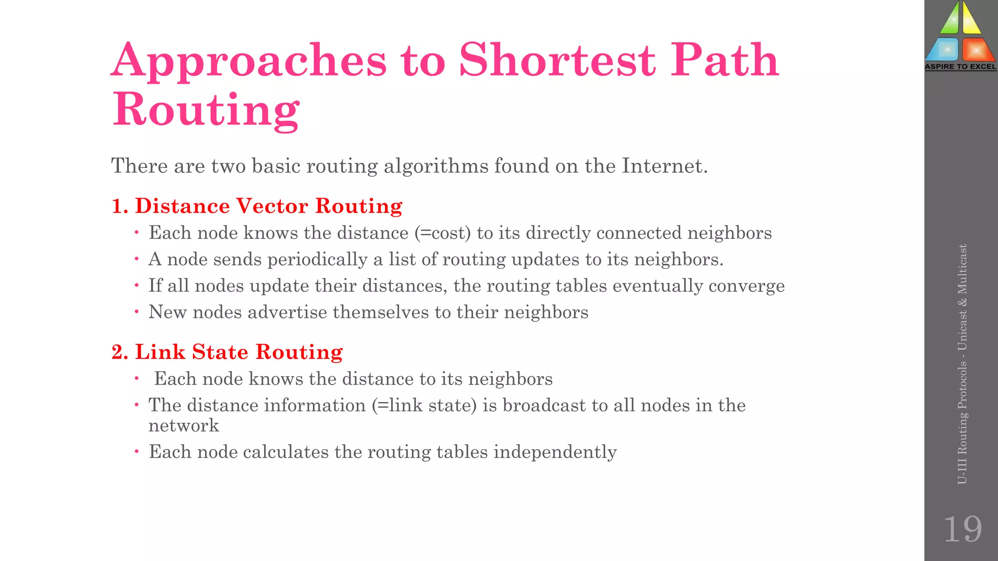 Approaches to Shortest Path
Routing
There are two basic routing algorithms found on the Internet.
1. Distance Vector Routing
 Each node knows the distance (=cost) to its directly connected neighbors
 A node sends periodically a list of routing updates to its neighbors.
 If all nodes update their distances, the routing tables eventually converge
 New nodes advertise themselves to their neighbors
2. Link State Routing
 Each node knows the distance to its neighbors
 The distance information (=link state) is broadcast to all nodes in the
network
 Each node calculates the routing tables independently
U-III
Routing
Protocols
-
Unicast
&
Multicast
19
 