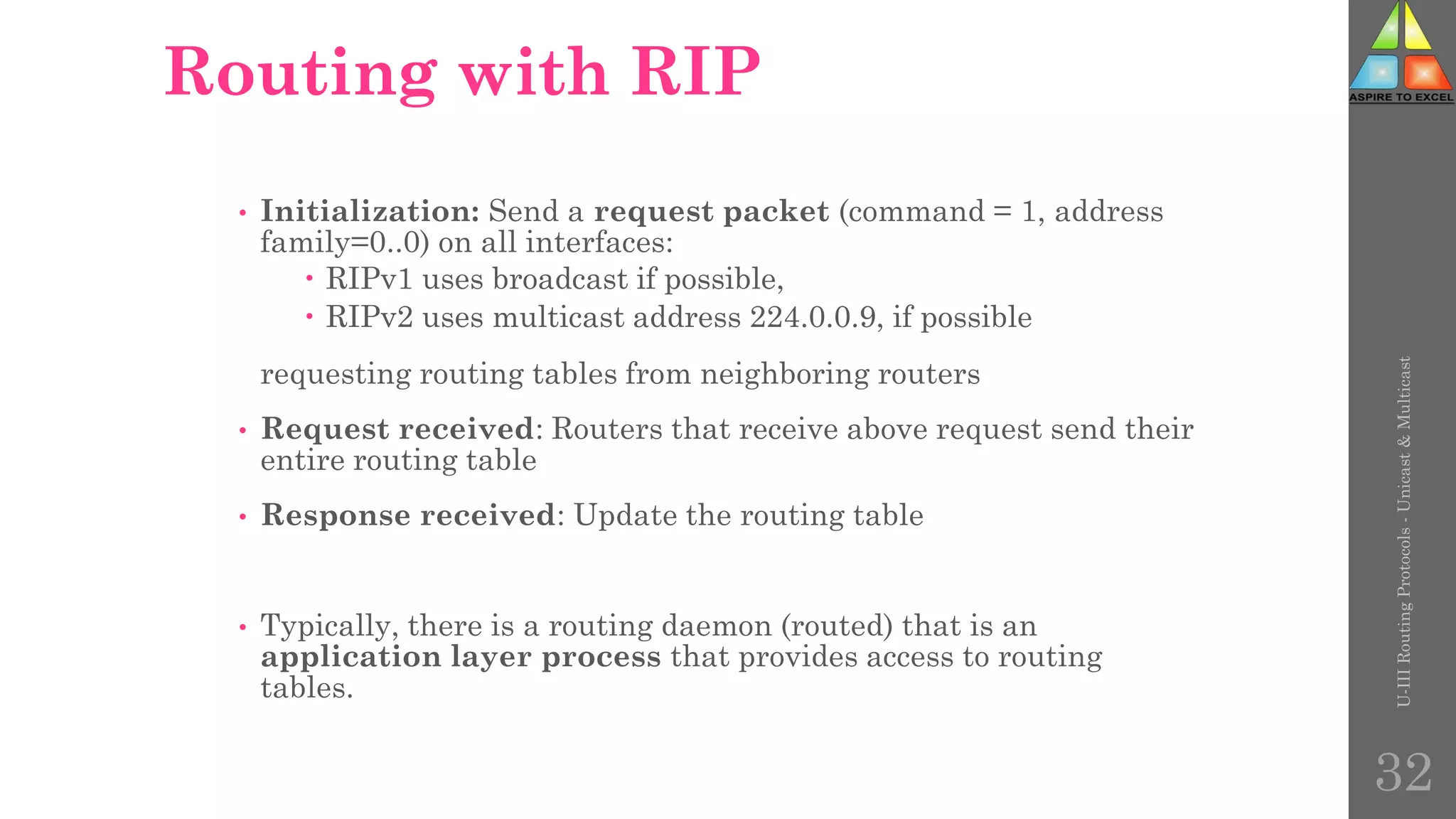 Routing with RIP
• Initialization: Send a request packet (command = 1, address
family=0..0) on all interfaces:
 RIPv1 uses broadcast if possible,
 RIPv2 uses multicast address 224.0.0.9, if possible
requesting routing tables from neighboring routers
• Request received: Routers that receive above request send their
entire routing table
• Response received: Update the routing table
• Typically, there is a routing daemon (routed) that is an
application layer process that provides access to routing
tables.
U-III
Routing
Protocols
-
Unicast
&
Multicast
32
 