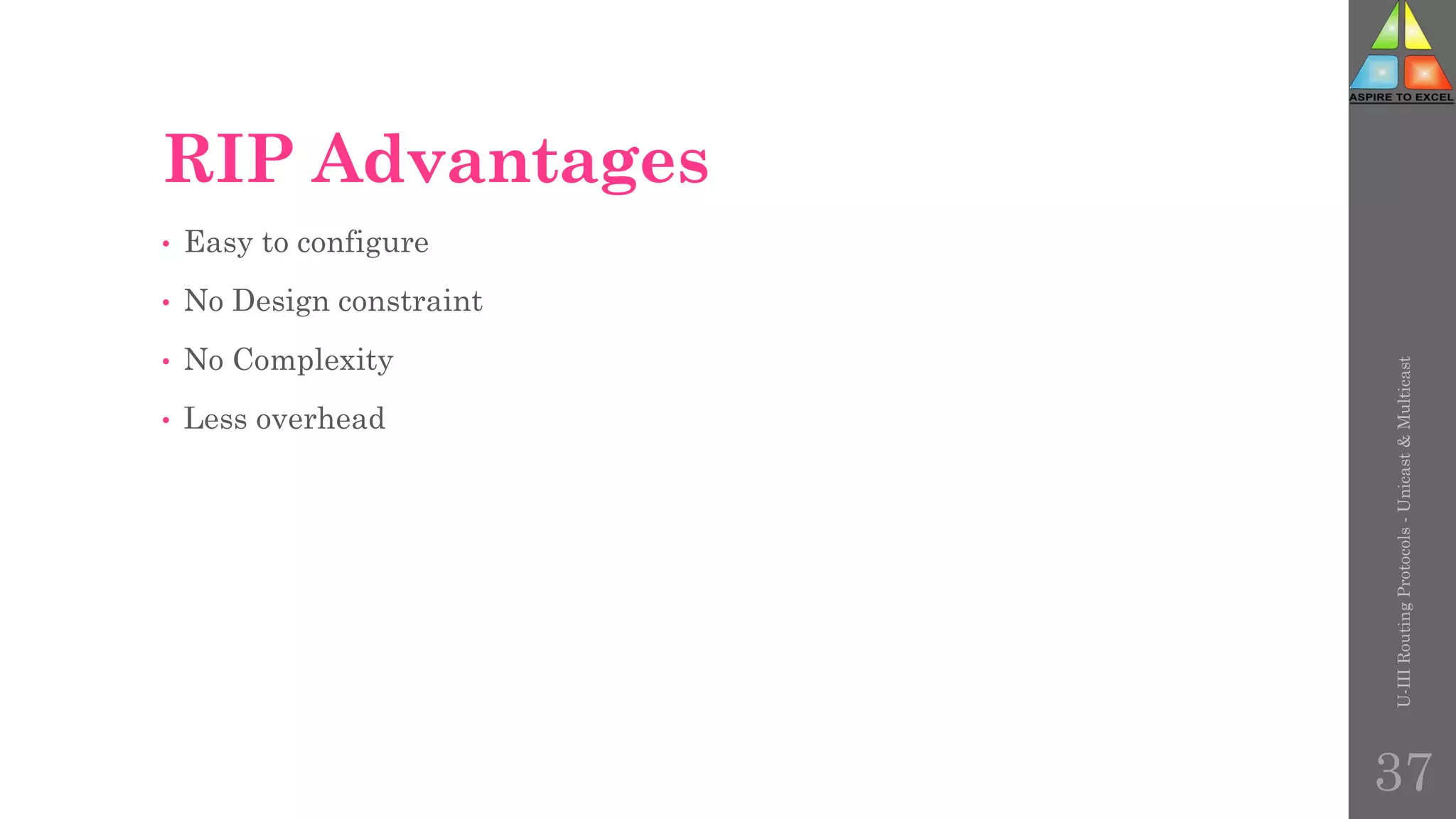 RIP Advantages
• Easy to configure
• No Design constraint
• No Complexity
• Less overhead
U-III
Routing
Protocols
-
Unicast
&
Multicast
37
 