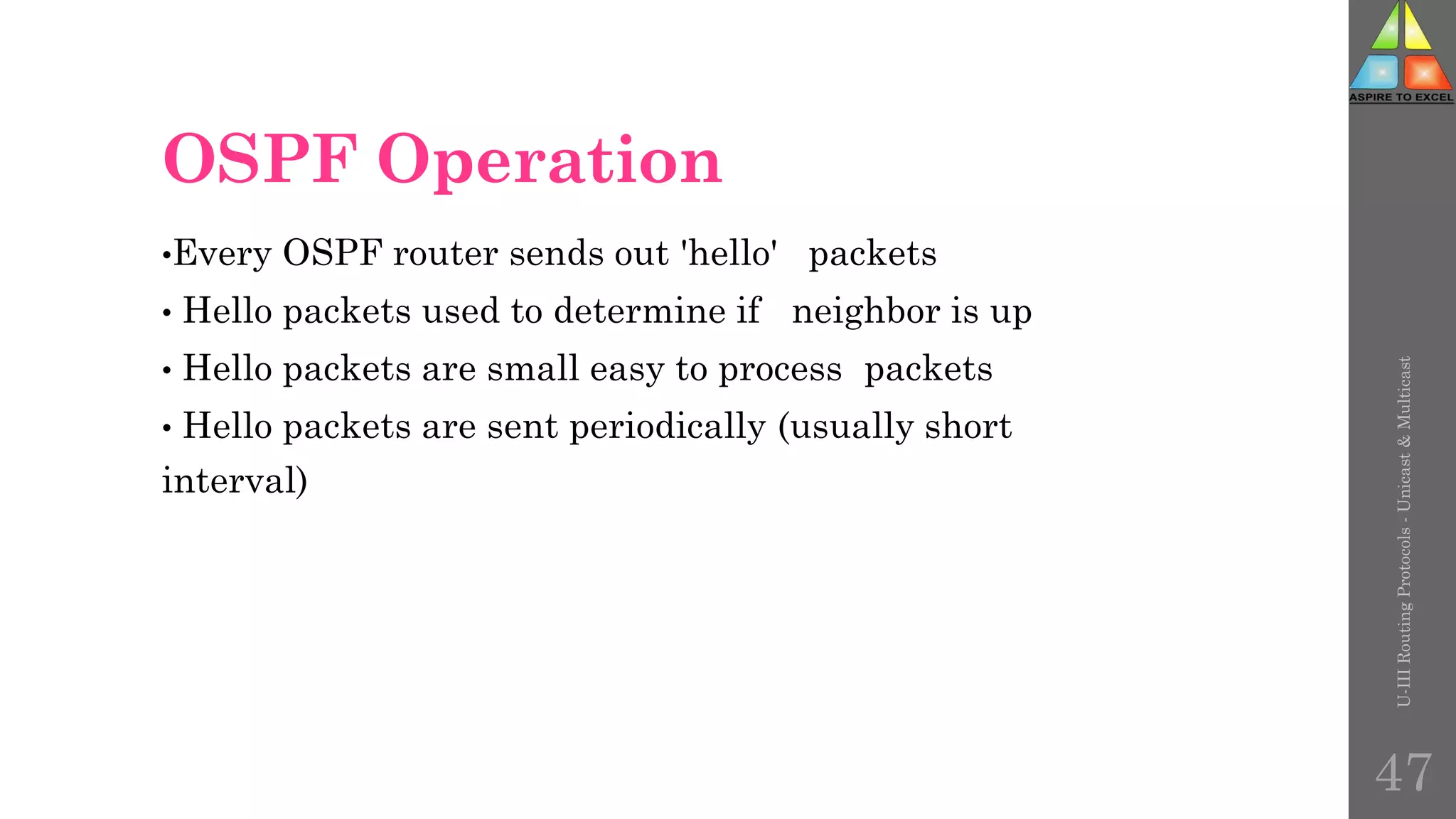 OSPF Operation
•Every OSPF router sends out 'hello' packets
• Hello packets used to determine if neighbor is up
• Hello packets are small easy to process packets
• Hello packets are sent periodically (usually short
interval)
U-III
Routing
Protocols
-
Unicast
&
Multicast
47
 
