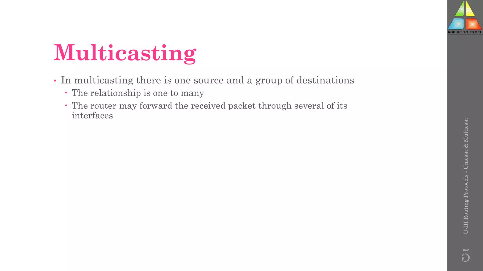 Multicasting
• In multicasting there is one source and a group of destinations
 The relationship is one to many
 The router may forward the received packet through several of its
interfaces
U-III
Routing
Protocols
-
Unicast
&
Multicast
5
 