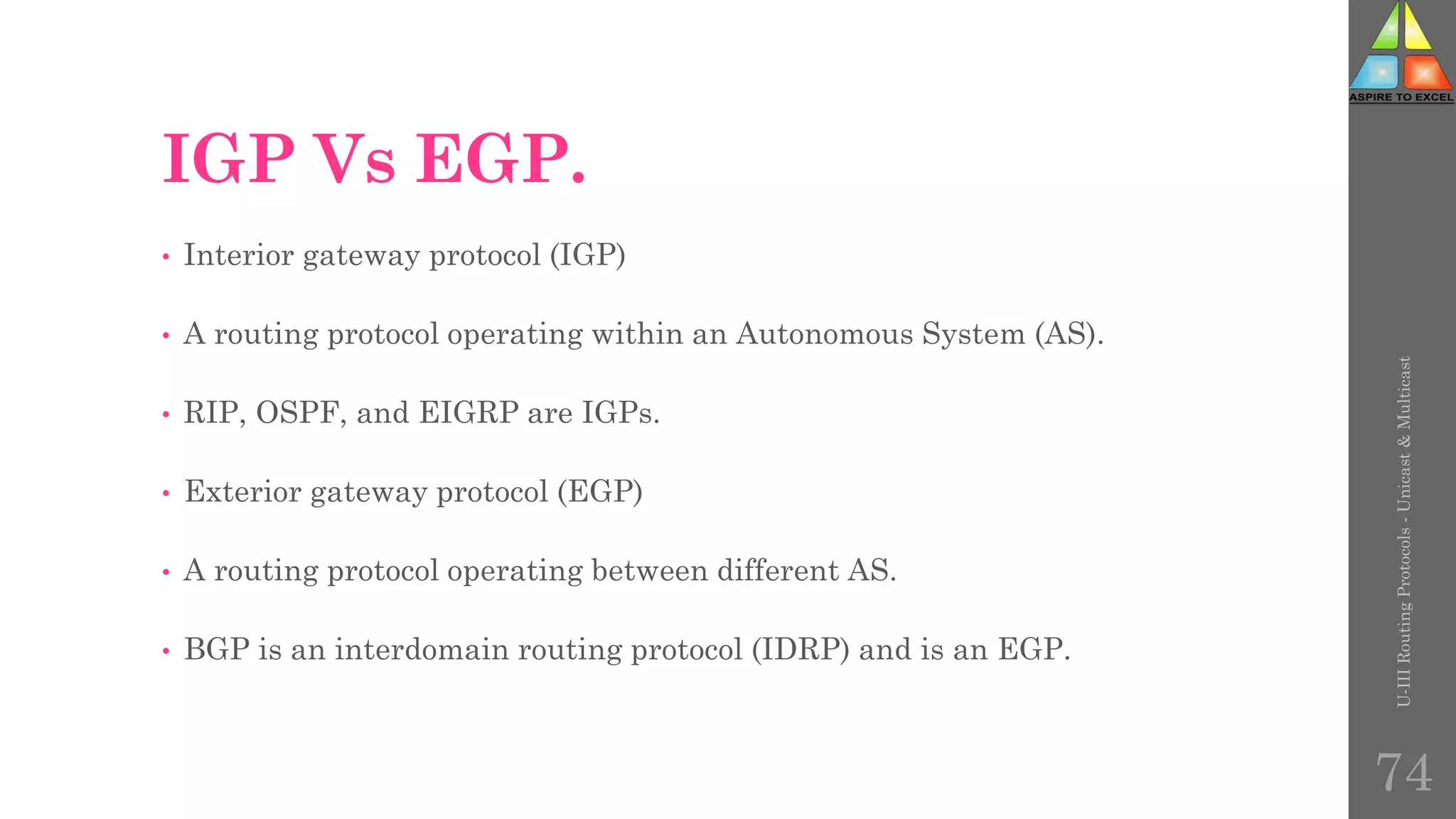 IGP Vs EGP.
• Interior gateway protocol (IGP)
• A routing protocol operating within an Autonomous System (AS).
• RIP, OSPF, and EIGRP are IGPs.
• Exterior gateway protocol (EGP)
• A routing protocol operating between different AS.
• BGP is an interdomain routing protocol (IDRP) and is an EGP.
U-III
Routing
Protocols
-
Unicast
&
Multicast
74
 