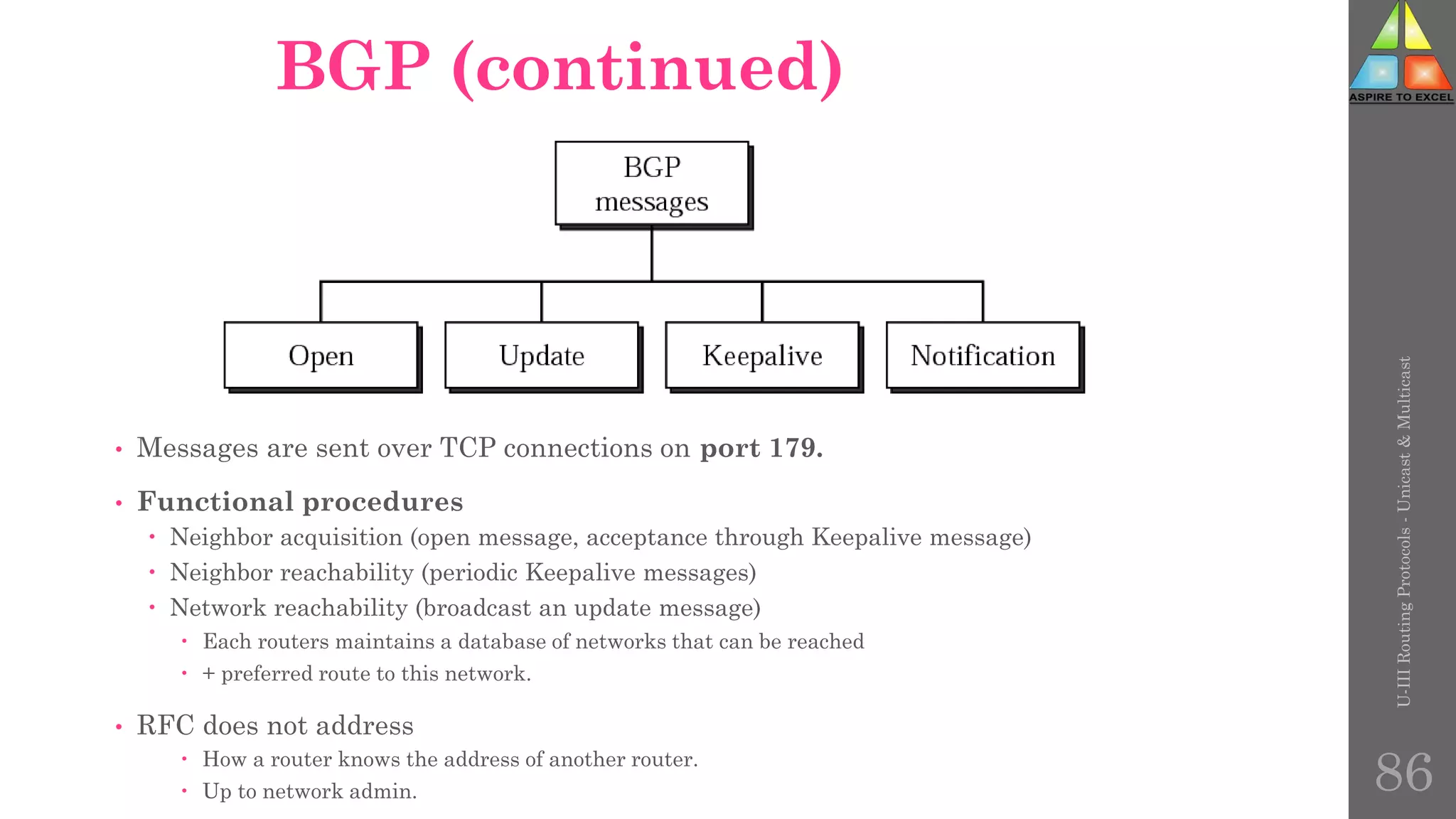 BGP (continued)
• Messages are sent over TCP connections on port 179.
• Functional procedures
 Neighbor acquisition (open message, acceptance through Keepalive message)
 Neighbor reachability (periodic Keepalive messages)
 Network reachability (broadcast an update message)
 Each routers maintains a database of networks that can be reached
 + preferred route to this network.
• RFC does not address
 How a router knows the address of another router.
 Up to network admin.
U-III
Routing
Protocols
-
Unicast
&
Multicast
86
 