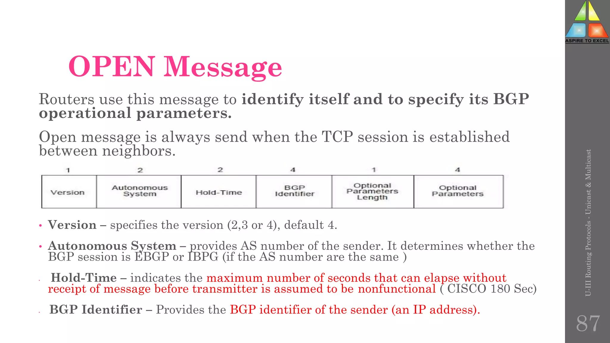 OPEN Message
Routers use this message to identify itself and to specify its BGP
operational parameters.
Open message is always send when the TCP session is established
between neighbors.
• Version – specifies the version (2,3 or 4), default 4.
• Autonomous System – provides AS number of the sender. It determines whether the
BGP session is EBGP or IBPG (if the AS number are the same )
• Hold-Time – indicates the maximum number of seconds that can elapse without
receipt of message before transmitter is assumed to be nonfunctional ( CISCO 180 Sec)
• BGP Identifier – Provides the BGP identifier of the sender (an IP address).
U-III
Routing
Protocols
-
Unicast
&
Multicast
87
 