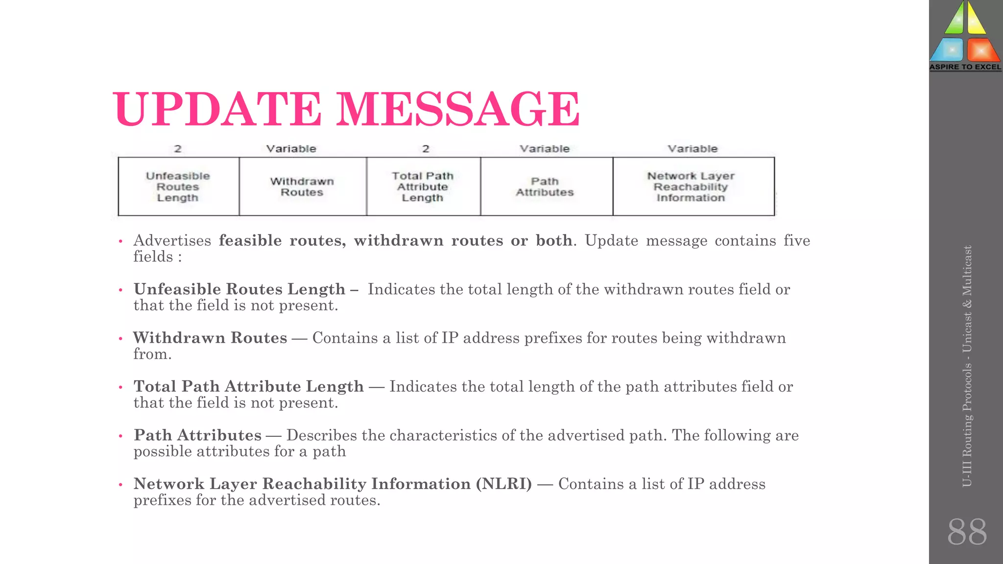 UPDATE MESSAGE
• Advertises feasible routes, withdrawn routes or both. Update message contains five
fields :
• Unfeasible Routes Length – Indicates the total length of the withdrawn routes field or
that the field is not present.
• Withdrawn Routes — Contains a list of IP address prefixes for routes being withdrawn
from.
• Total Path Attribute Length — Indicates the total length of the path attributes field or
that the field is not present.
• Path Attributes — Describes the characteristics of the advertised path. The following are
possible attributes for a path
• Network Layer Reachability Information (NLRI) — Contains a list of IP address
prefixes for the advertised routes.
U-III
Routing
Protocols
-
Unicast
&
Multicast
88
 